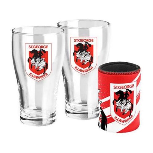 St George Dragons Set of 2 Pint Glasses & Stubby Cooler