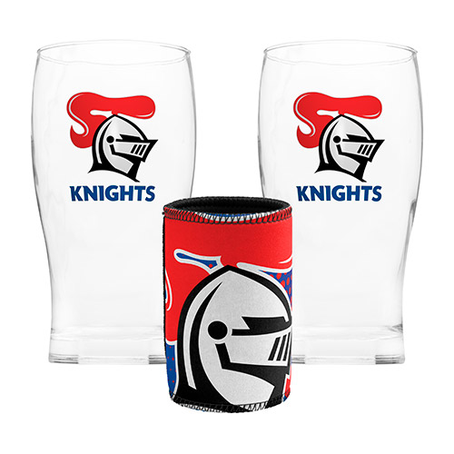 Newcastle Knights Set of 2 Pint Glasses & Stubby Cooler